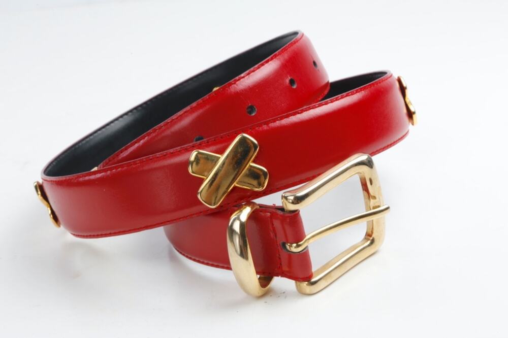 Vintage Red Leather Belt Gold X Studs Hardware Buckle Western Tip Cinch Small S